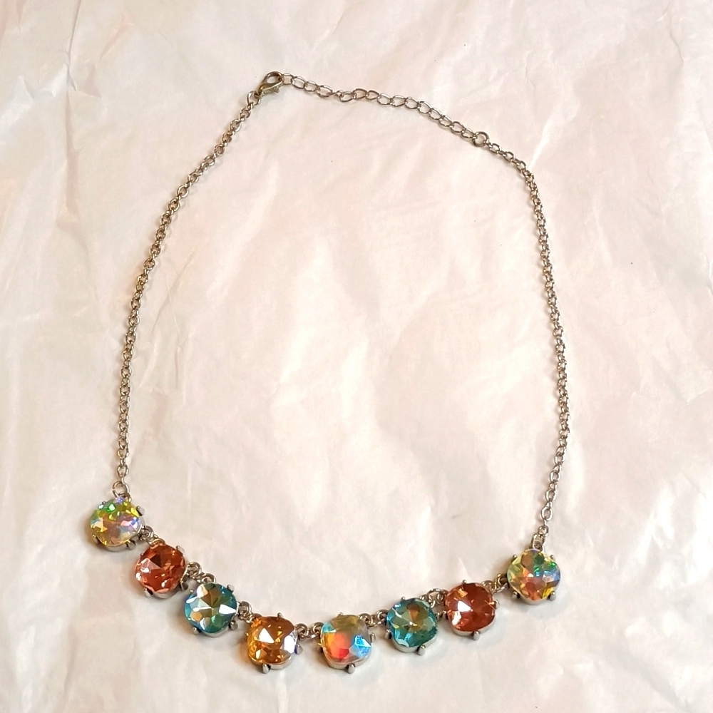 Super adjustable necklace lght blue, golden, iridescent crystals beautiful bling